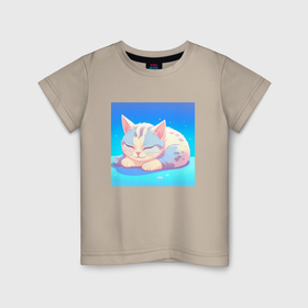 Детская футболка хлопок с принтом Небесно голубой спящий котик клубочек , 100% хлопок | круглый вырез горловины, полуприлегающий силуэт, длина до линии бедер | 