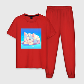 Мужская пижама хлопок с принтом Небесно голубой спящий котик клубочек , 100% хлопок | брюки и футболка прямого кроя, без карманов, на брюках мягкая резинка на поясе и по низу штанин
 | 