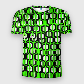 Мужская футболка 3D Slim с принтом Техно узор из шестиугольников зелёный в Екатеринбурге, 100% полиэстер с улучшенными характеристиками | приталенный силуэт, круглая горловина, широкие плечи, сужается к линии бедра | 