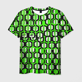 Мужская футболка 3D с принтом Техно узор из шестиугольников зелёный , 100% полиэфир | прямой крой, круглый вырез горловины, длина до линии бедер | Тематика изображения на принте: 