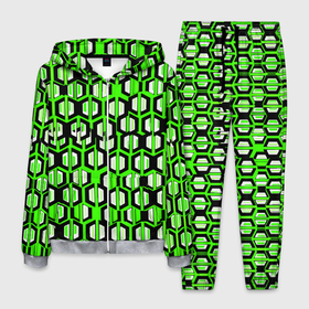 Мужской костюм 3D с принтом Техно узор из шестиугольников зелёный , 100% полиэстер | Манжеты и пояс оформлены тканевой резинкой, двухслойный капюшон со шнурком для регулировки, карманы спереди | Тематика изображения на принте: 
