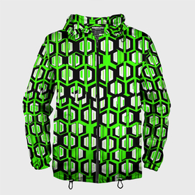 Мужская ветровка 3D с принтом Техно узор из шестиугольников зелёный в Санкт-Петербурге, 100% полиэстер | подол и капюшон оформлены резинкой с фиксаторами, два кармана без застежек по бокам, один потайной карман на груди | Тематика изображения на принте: 