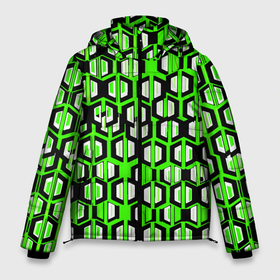 Мужская зимняя куртка 3D с принтом Техно узор из шестиугольников зелёный в Курске, верх — 100% полиэстер; подкладка — 100% полиэстер; утеплитель — 100% полиэстер | длина ниже бедра, свободный силуэт Оверсайз. Есть воротник-стойка, отстегивающийся капюшон и ветрозащитная планка. 

Боковые карманы с листочкой на кнопках и внутренний карман на молнии. | 