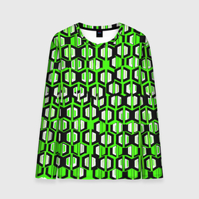 Мужской лонгслив 3D с принтом Техно узор из шестиугольников зелёный в Тюмени, 100% полиэстер | длинные рукава, круглый вырез горловины, полуприлегающий силуэт | Тематика изображения на принте: 