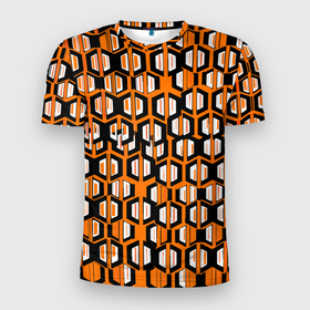 Мужская футболка 3D Slim с принтом Техно узор из шестиугольников оранжевый в Кировске, 100% полиэстер с улучшенными характеристиками | приталенный силуэт, круглая горловина, широкие плечи, сужается к линии бедра | Тематика изображения на принте: 