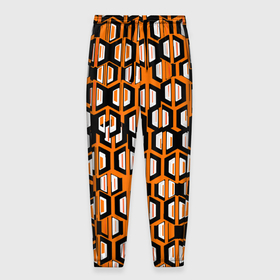 Мужские брюки 3D с принтом Техно узор из шестиугольников оранжевый в Курске, 100% полиэстер | манжеты по низу, эластичный пояс регулируется шнурком, по бокам два кармана без застежек, внутренняя часть кармана из мелкой сетки | 
