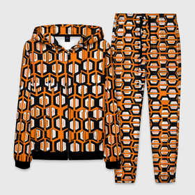 Мужской костюм 3D с принтом Техно узор из шестиугольников оранжевый , 100% полиэстер | Манжеты и пояс оформлены тканевой резинкой, двухслойный капюшон со шнурком для регулировки, карманы спереди | Тематика изображения на принте: 