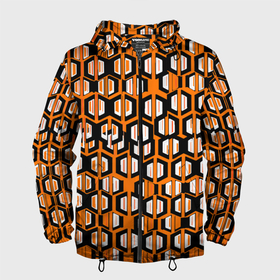 Мужская ветровка 3D с принтом Техно узор из шестиугольников оранжевый в Санкт-Петербурге, 100% полиэстер | подол и капюшон оформлены резинкой с фиксаторами, два кармана без застежек по бокам, один потайной карман на груди | Тематика изображения на принте: 