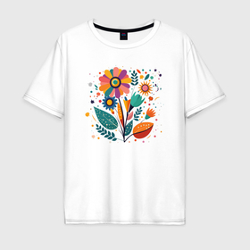 Мужская футболка хлопок Oversize с принтом Яркий цветок, веточки и листья в Новосибирске, 100% хлопок | свободный крой, круглый ворот, “спинка” длиннее передней части | 
