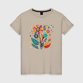 Женская футболка хлопок с принтом Яркий цветок, веточки и листья в Петрозаводске, 100% хлопок | прямой крой, круглый вырез горловины, длина до линии бедер, слегка спущенное плечо | 