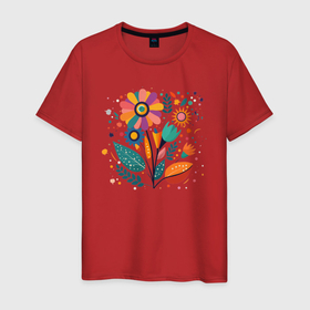 Мужская футболка хлопок с принтом Яркий цветок, веточки и листья в Новосибирске, 100% хлопок | прямой крой, круглый вырез горловины, длина до линии бедер, слегка спущенное плечо. | 