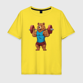 Мужская футболка хлопок Oversize с принтом Медведь со штангой , 100% хлопок | свободный крой, круглый ворот, “спинка” длиннее передней части | Тематика изображения на принте: 
