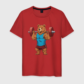 Мужская футболка хлопок с принтом Медведь со штангой в Санкт-Петербурге, 100% хлопок | прямой крой, круглый вырез горловины, длина до линии бедер, слегка спущенное плечо. | Тематика изображения на принте: 