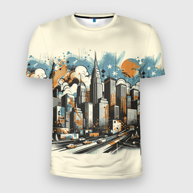 Мужская футболка 3D Slim с принтом Рисунок города с небоскребами , 100% полиэстер с улучшенными характеристиками | приталенный силуэт, круглая горловина, широкие плечи, сужается к линии бедра | 