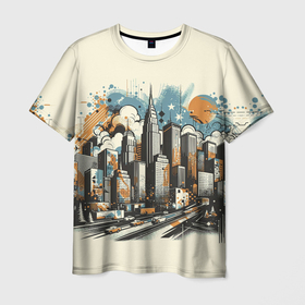 Мужская футболка 3D с принтом Рисунок города с небоскребами , 100% полиэфир | прямой крой, круглый вырез горловины, длина до линии бедер | 