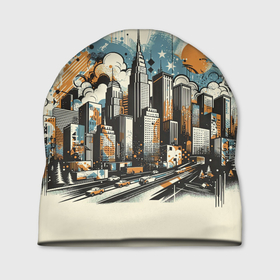 Шапка 3D с принтом Рисунок города с небоскребами , 100% полиэстер | универсальный размер, печать по всей поверхности изделия | 