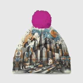 Шапка 3D c помпоном с принтом Рисунок города с небоскребами , 100% полиэстер | универсальный размер, печать по всей поверхности изделия | 
