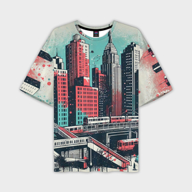 Мужская футболка oversize 3D с принтом Силуэты небоскребов в брызгах красной и голубой краски ,  |  | 