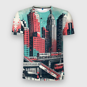 Мужская футболка 3D Slim с принтом Силуэты небоскребов в брызгах красной и голубой краски в Екатеринбурге, 100% полиэстер с улучшенными характеристиками | приталенный силуэт, круглая горловина, широкие плечи, сужается к линии бедра | 