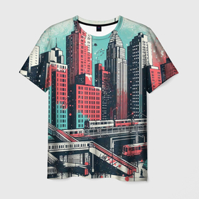 Мужская футболка 3D с принтом Силуэты небоскребов в брызгах красной и голубой краски в Екатеринбурге, 100% полиэфир | прямой крой, круглый вырез горловины, длина до линии бедер | 