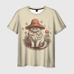 Мужская футболка 3D с принтом Грибной кот в Белгороде, 100% полиэфир | прямой крой, круглый вырез горловины, длина до линии бедер | 