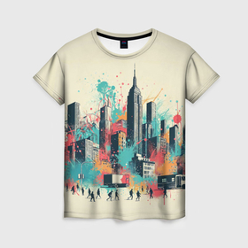 Женская футболка 3D с принтом Силуэты людей и небоскребов в брызгах краски в Екатеринбурге, 100% полиэфир ( синтетическое хлопкоподобное полотно) | прямой крой, круглый вырез горловины, длина до линии бедер | 