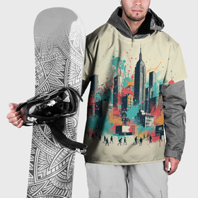 Накидка на куртку 3D с принтом Силуэты людей и небоскребов в брызгах краски в Екатеринбурге, 100% полиэстер |  | Тематика изображения на принте: 