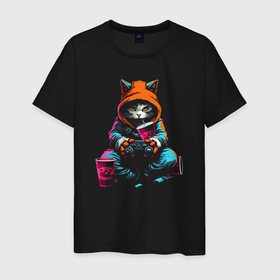 Мужская футболка хлопок с принтом Кот геймер цветной в Курске, 100% хлопок | прямой крой, круглый вырез горловины, длина до линии бедер, слегка спущенное плечо. | 