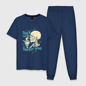 Мужская пижама хлопок с принтом Dark coffee darker soul skull в Тюмени, 100% хлопок | брюки и футболка прямого кроя, без карманов, на брюках мягкая резинка на поясе и по низу штанин
 | Тематика изображения на принте: 