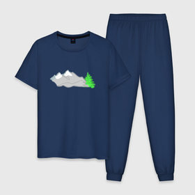 Мужская пижама хлопок с принтом Ёлка в горах в Курске, 100% хлопок | брюки и футболка прямого кроя, без карманов, на брюках мягкая резинка на поясе и по низу штанин
 | Тематика изображения на принте: 