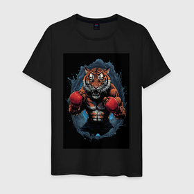 Мужская футболка хлопок с принтом Тигр тайский бокс в Курске, 100% хлопок | прямой крой, круглый вырез горловины, длина до линии бедер, слегка спущенное плечо. | 