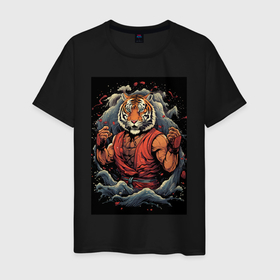 Мужская футболка хлопок с принтом Боевой тигр Муай Тай в Екатеринбурге, 100% хлопок | прямой крой, круглый вырез горловины, длина до линии бедер, слегка спущенное плечо. | 