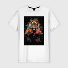 Мужская футболка хлопок Slim с принтом Боевой тигр Муай  Тай в Санкт-Петербурге, 92% хлопок, 8% лайкра | приталенный силуэт, круглый вырез ворота, длина до линии бедра, короткий рукав | 
