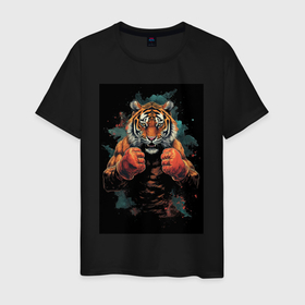 Мужская футболка хлопок с принтом Боевой тигр Муай  Тай в Кировске, 100% хлопок | прямой крой, круглый вырез горловины, длина до линии бедер, слегка спущенное плечо. | 