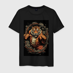 Мужская футболка хлопок с принтом Боевой тигр  Муай  Тай в Екатеринбурге, 100% хлопок | прямой крой, круглый вырез горловины, длина до линии бедер, слегка спущенное плечо. | 