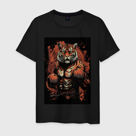 Мужская футболка хлопок с принтом Тайский бокс  тигр в стойке в Курске, 100% хлопок | прямой крой, круглый вырез горловины, длина до линии бедер, слегка спущенное плечо. | 