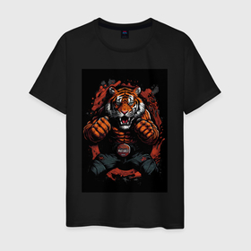 Мужская футболка хлопок с принтом Тайский  бокс тигр в стойке в Курске, 100% хлопок | прямой крой, круглый вырез горловины, длина до линии бедер, слегка спущенное плечо. | 