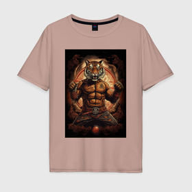 Мужская футболка хлопок Oversize с принтом Тайский   бокс тигр в  стойке , 100% хлопок | свободный крой, круглый ворот, “спинка” длиннее передней части | 