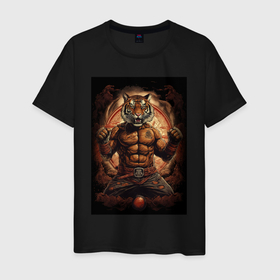 Мужская футболка хлопок с принтом Тайский   бокс тигр в  стойке , 100% хлопок | прямой крой, круглый вырез горловины, длина до линии бедер, слегка спущенное плечо. | Тематика изображения на принте: 