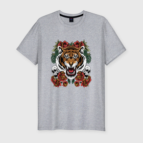 Мужская футболка хлопок Slim с принтом Рык тигра в Санкт-Петербурге, 92% хлопок, 8% лайкра | приталенный силуэт, круглый вырез ворота, длина до линии бедра, короткий рукав | 