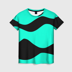 Женская футболка 3D с принтом Бирюзовый в чёрные волнистые полосы абстракция в Белгороде, 100% полиэфир ( синтетическое хлопкоподобное полотно) | прямой крой, круглый вырез горловины, длина до линии бедер | 