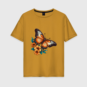 Женская футболка хлопок Oversize с принтом Цветы  бабочка в Новосибирске, 100% хлопок | свободный крой, круглый ворот, спущенный рукав, длина до линии бедер
 | 