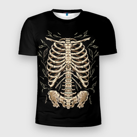 Мужская футболка 3D Slim с принтом Скелет на груди в Екатеринбурге, 100% полиэстер с улучшенными характеристиками | приталенный силуэт, круглая горловина, широкие плечи, сужается к линии бедра | 