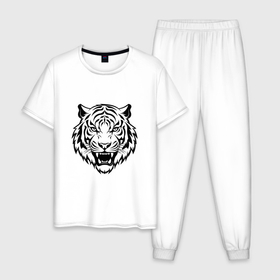 Мужская пижама хлопок с принтом Tattoo tiger head в Кировске, 100% хлопок | брюки и футболка прямого кроя, без карманов, на брюках мягкая резинка на поясе и по низу штанин
 | 