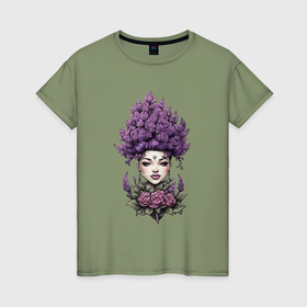Женская футболка хлопок с принтом Девушка лаванда в Курске, 100% хлопок | прямой крой, круглый вырез горловины, длина до линии бедер, слегка спущенное плечо | 