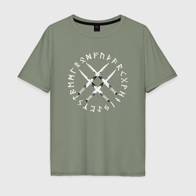 Мужская футболка хлопок Oversize с принтом Боевые клинки и руны в Тюмени, 100% хлопок | свободный крой, круглый ворот, “спинка” длиннее передней части | 