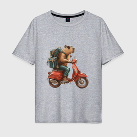 Мужская футболка хлопок Oversize с принтом Капибара в джинсах на мотоцикле в Санкт-Петербурге, 100% хлопок | свободный крой, круглый ворот, “спинка” длиннее передней части | Тематика изображения на принте: 