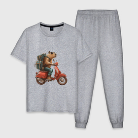 Мужская пижама хлопок с принтом Капибара в джинсах на мотоцикле в Санкт-Петербурге, 100% хлопок | брюки и футболка прямого кроя, без карманов, на брюках мягкая резинка на поясе и по низу штанин
 | Тематика изображения на принте: 