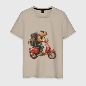 Мужская футболка хлопок с принтом Капибара в джинсах на мотоцикле в Санкт-Петербурге, 100% хлопок | прямой крой, круглый вырез горловины, длина до линии бедер, слегка спущенное плечо. | Тематика изображения на принте: 