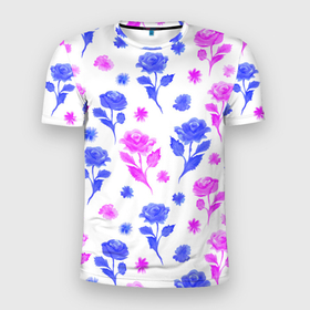 Мужская футболка 3D Slim с принтом Цветочный узор из роз   паттерн в Белгороде, 100% полиэстер с улучшенными характеристиками | приталенный силуэт, круглая горловина, широкие плечи, сужается к линии бедра | 
